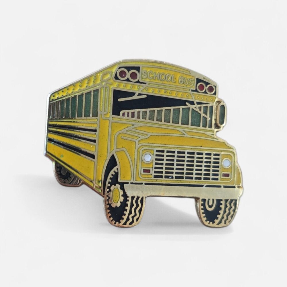 Vintage Yellow School Bus Gold Tone Enamel Lapel Pin Students Teachers